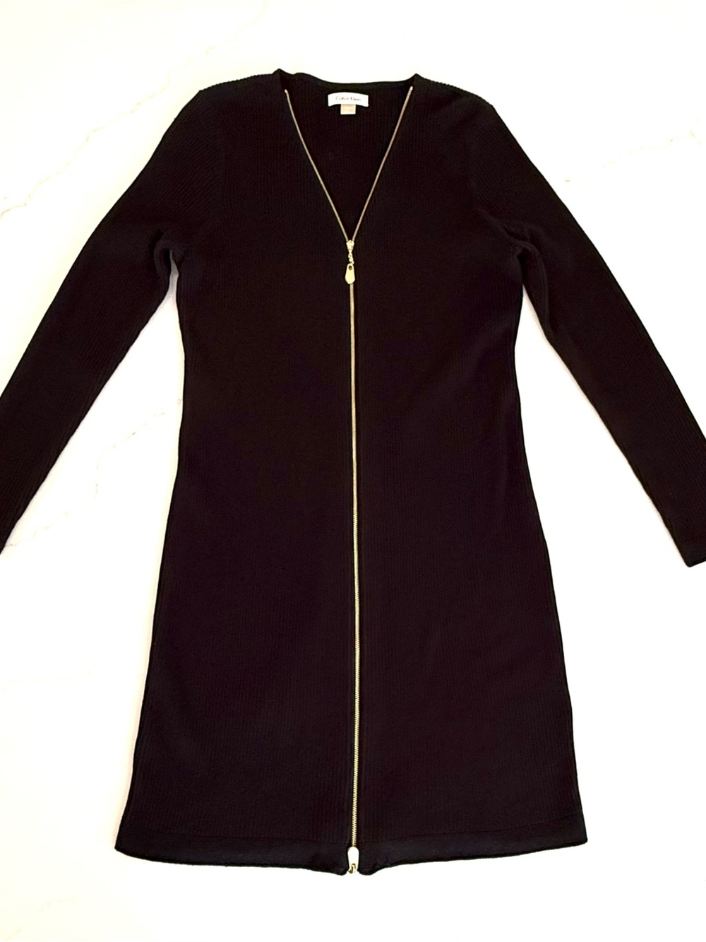 Knit Long-Sleeve Sheath Dress Black with Gold Double Zippers Calvin Klein Sz 12